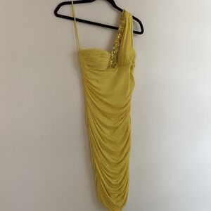 Mignon One-Shoulder Dress in Bright Yellow with Sequin Trim